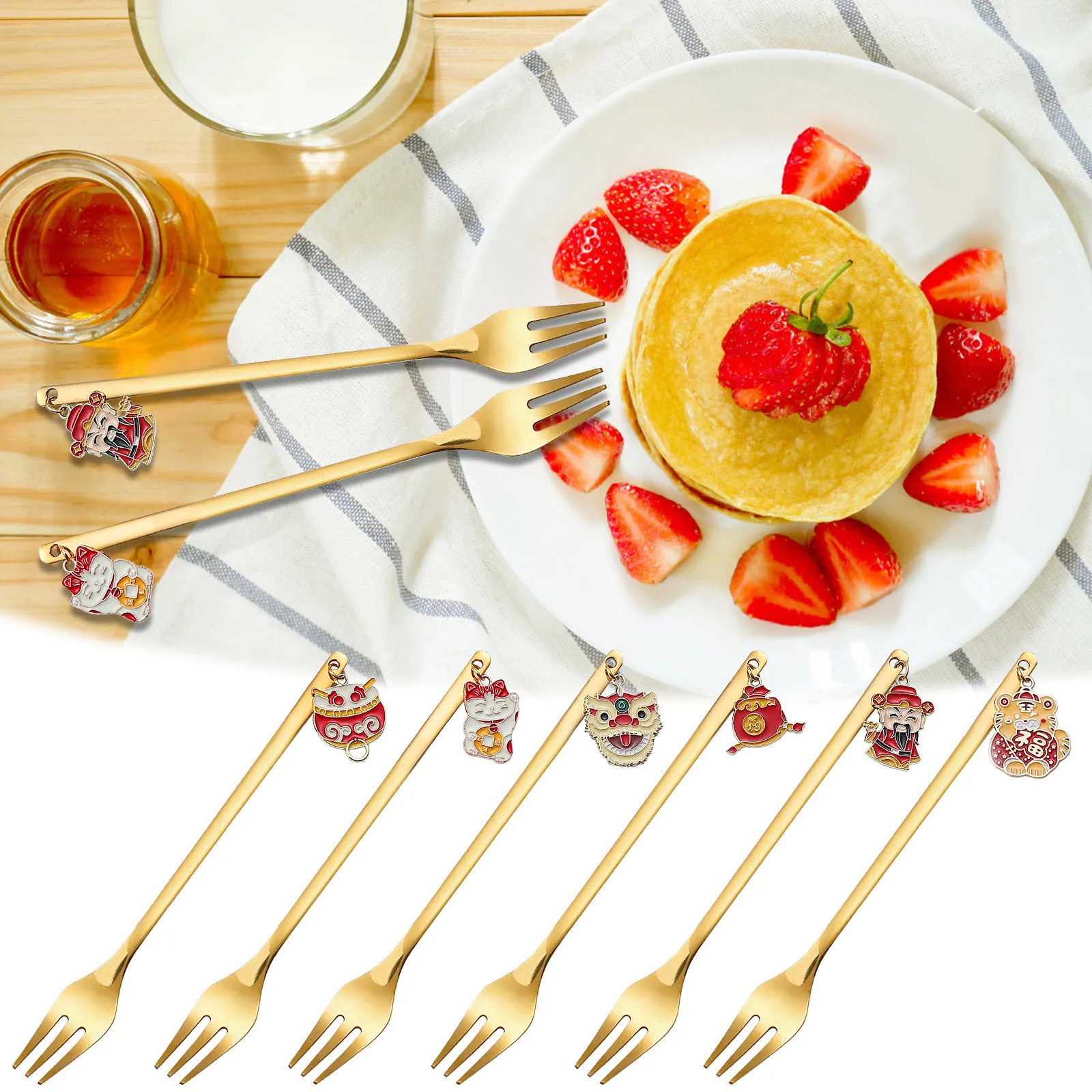 

New Year Tableware Dessert Fork Stirring Small Fork New Year Gift Fork Restaurant Fruit Snack Dinnerware Cake Forks