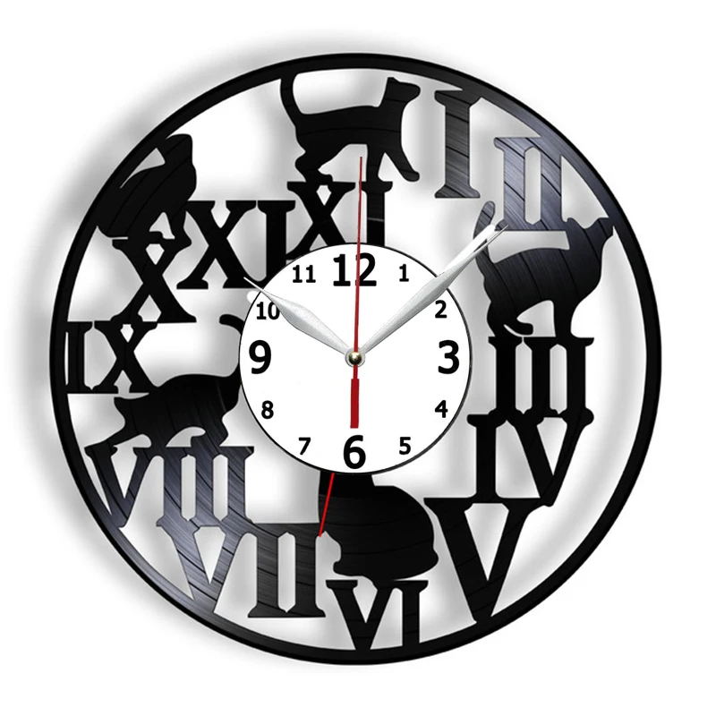 

Часы со светодиодной подсветкой, виниловые креативные художественные светящиеся часы с рисунком кошки, с чёрным циферблатом, бесшумные ква...