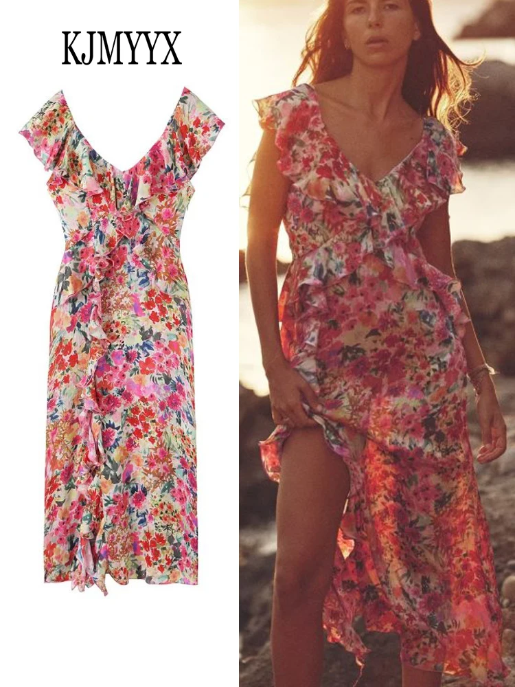 

KJMYYX Layered Decorative Women Fashion Print Flowers Dress Summer Sexy Deep V-neck Sleeveless Dress Female Casual Slim Dress