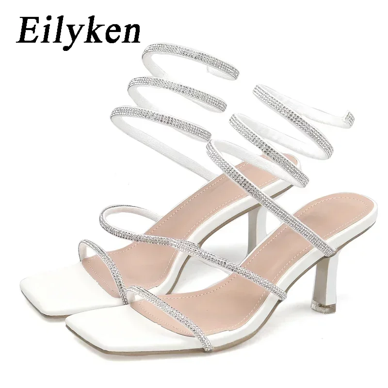 

Eilyken/модные сандалии-гладиаторы с узкими ремешками и кристаллами; Женские летние вечерние с ремешком на щиколотке на тонком низком каблуке; Женская обувь
