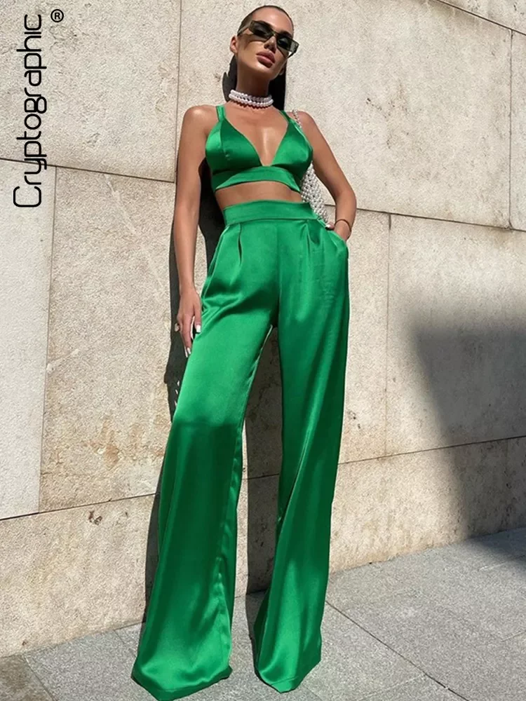 

Cryptographic Silky Satin Camis Crop Top and Pants 2 Piece Set for Women Matching Sets Outfits Sexy High Waist Pants Streetwear