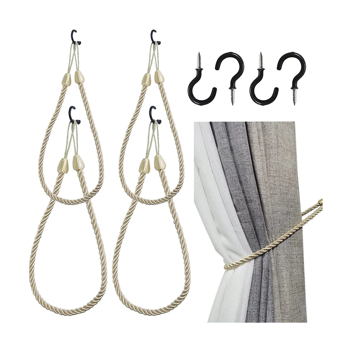 

Curtain Tiebacks Ropes 4 Pack, Curtain Holdbacks with 4 Metal Screw Hooks,Holders Cord for Thin or Thick Window Drapes A