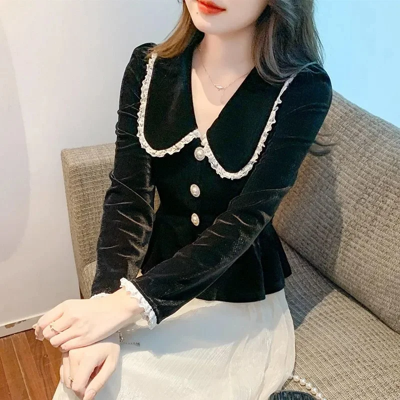 Корейский женский бархатный кардиган блузка весенне-осенняя женская рубашка с