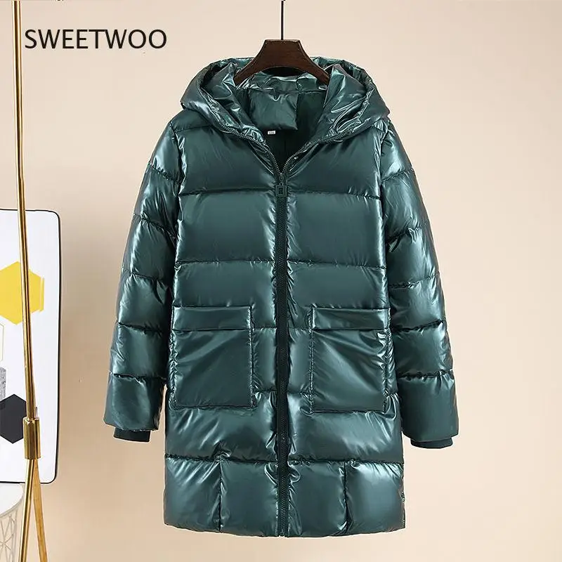 Fashion Parkas Winter Jacket Womens 2022 New Glossy Cotton Padded Hooded Coat Casual Female Warm Loose Long Snow Outwear Parkas