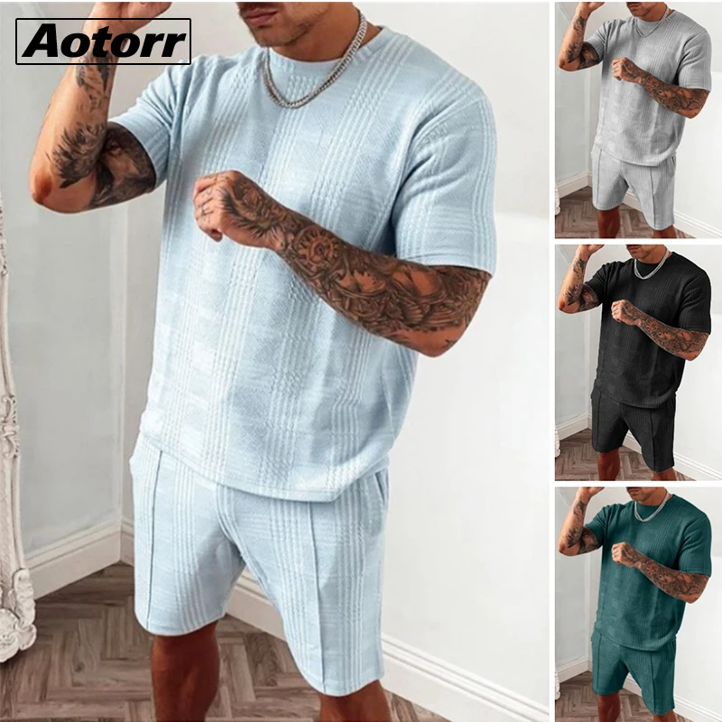 

2022 Summer Mens Sets T-shirt + Shorts 2pcs Set Fashion Male Harajuku Breathable Tracksuit Men Clothing Streetwear Joggers Sets