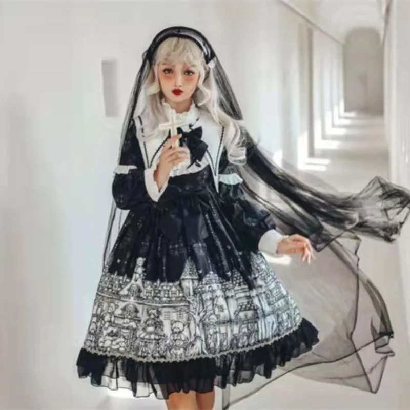 

Gothic Original Design Lolita Women Dress Castle Bow Night Goth Dark Long Sleeve Summer 2022 A-line OP Designer Clothes