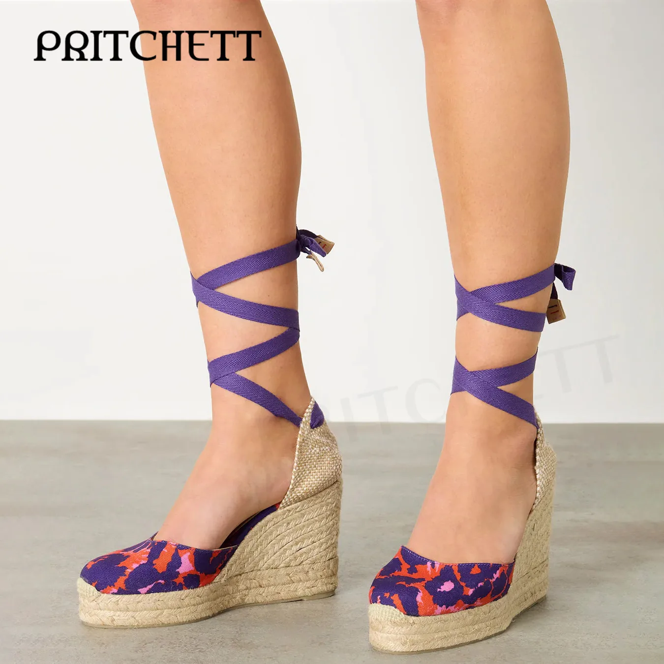 Braided Wedge Color Printed Sandals Open Toe Round Toe Platform High Heel Sandals Calf Cross Strap Fashion Ladies Sandals