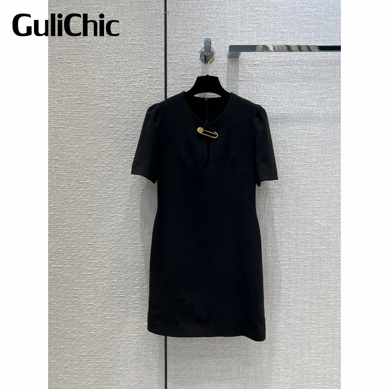 

7.5 GuliChic Women Temperament Solid Color Hollow Out Pin Short Sleeve Collect Waist A-Line Dress