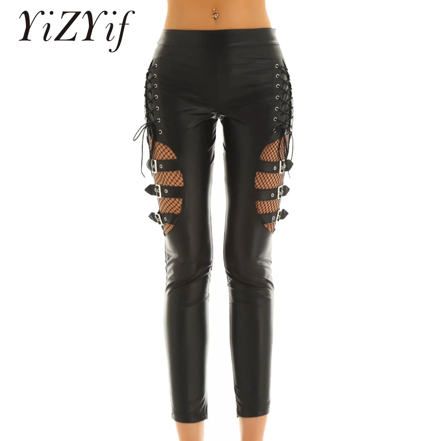 Women Pants Wet Look Faux Leather Mid Waist Fishnet Splice Thigh with Buckles Decoration Side Lace Up Stretchy Legging Trousers
