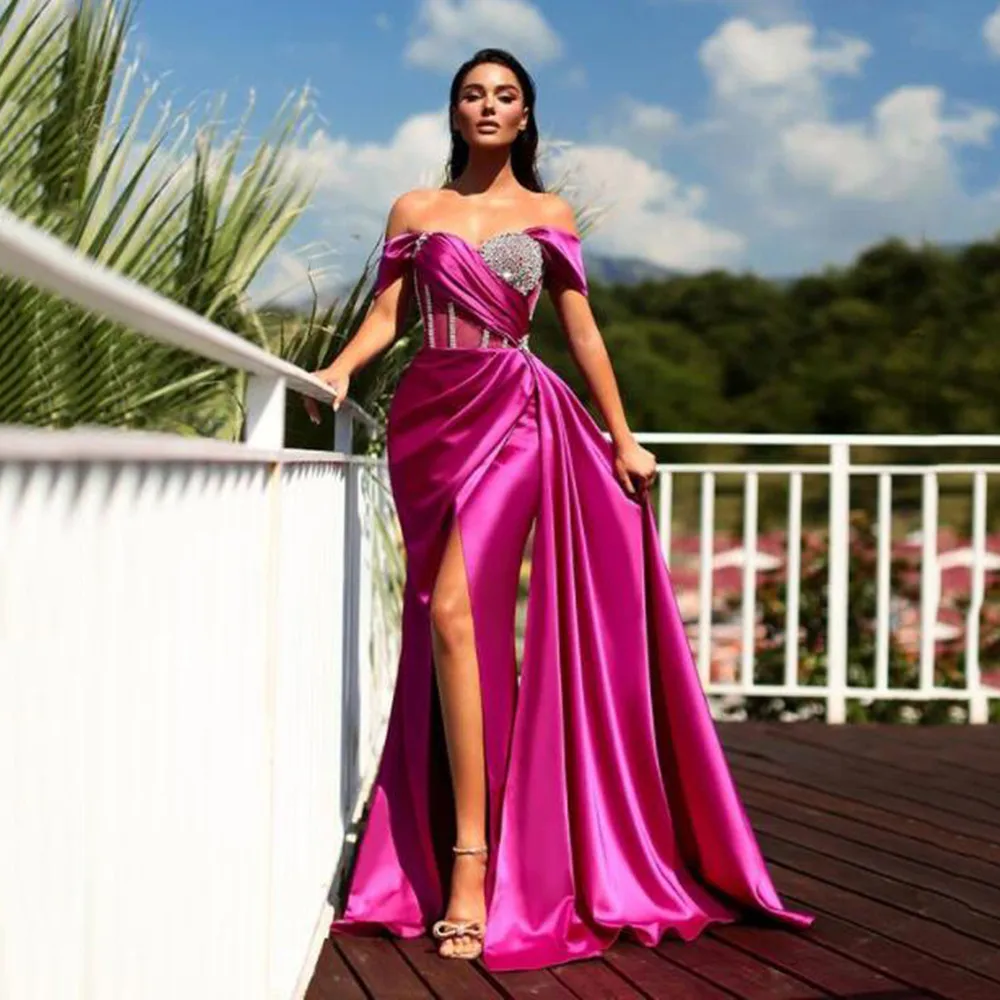 

2022 Formal Evening Dresses Sexy Off Shoulder Soft Satin High Split Prom Dress Long Backless Beadings Party Gowns Plus Size