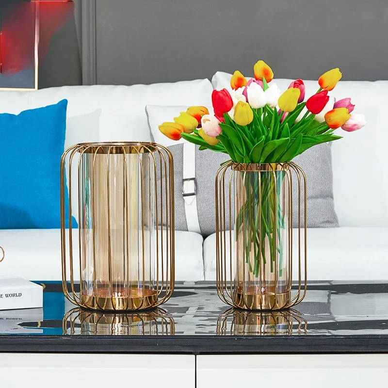 

Luxury Crystal Vase Plant Gold Wedding Wedding Art Transparent Transparent Office Accessories Jarrones Home Decor BD50VV