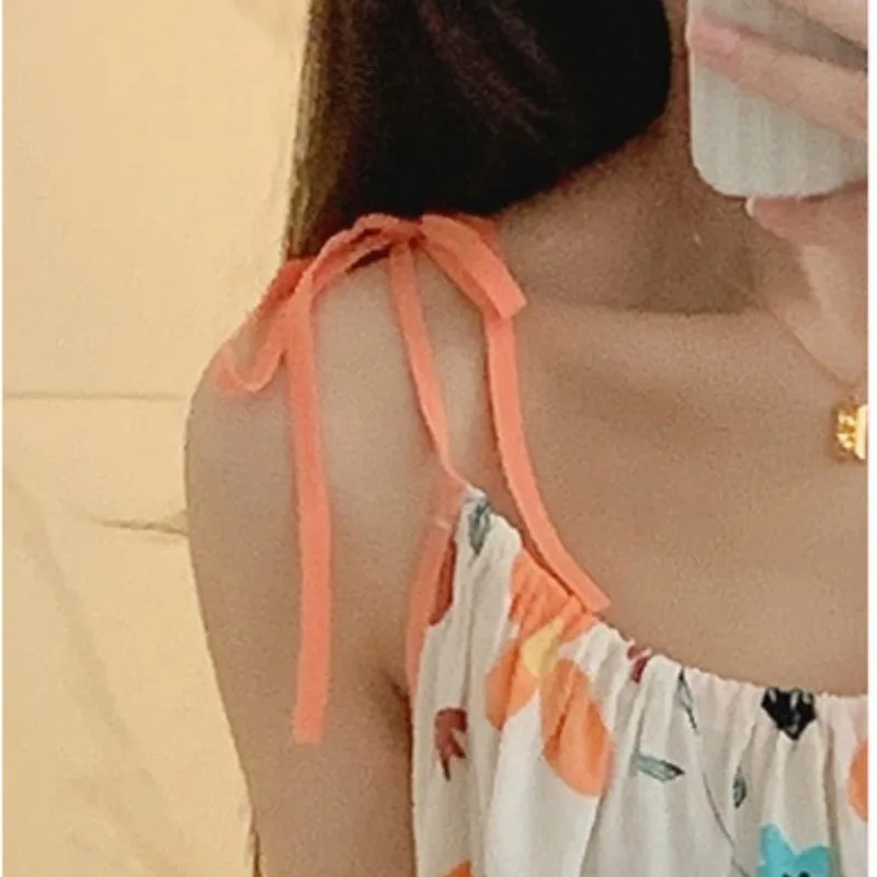 Women's Thin Sweet Leisure Ventilation Night Gown Spaghetti Strap Floral Print Summer Dresses Length To Shank With Two Tape