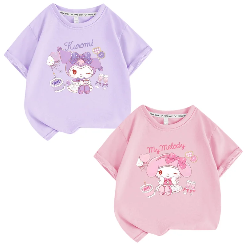 

Kawaii Anime Cartoon Sanrios Kuromi My Melody Printed Children Short Sleeved Top Summer Cotton Round Neck T-shirt Kids Gift