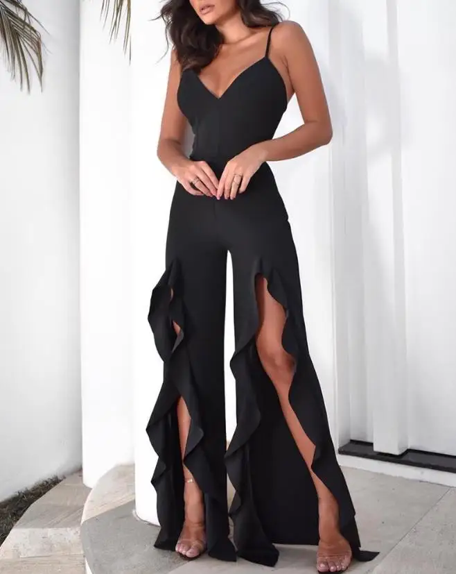 

Women's Jumpsuit 2023 Summer Fashion Ruffle Hem Slit Casual V-Neck Plain Sleeveless Daily Vacation Long Cami Jumpsuit