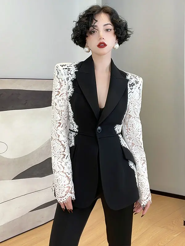 

2023 Fashion Suits Women Office Elegant 2 Piece Sets Female Casual Lace Blazer Jackets and Pencil Pants Ladies Outfits E69