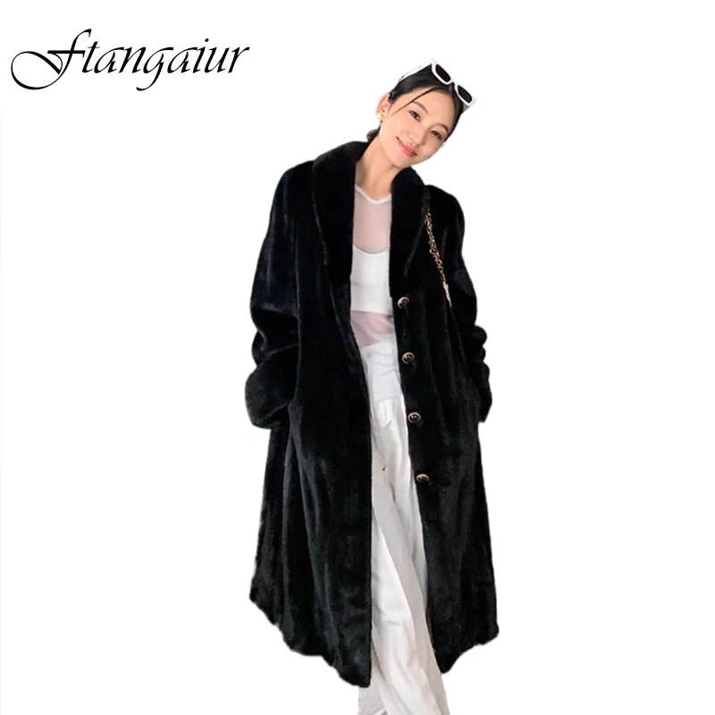 

Зимнее пальто Ftangaiur для женщин, импортное бархатное пальто из меха норки, женские длинные пальто из натурального меха норки с отложным воротником и длинными рукавами