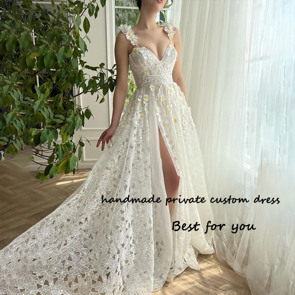 

Luxury Lace Tulle Fairy Prom Party Dress 3D Flowers Straps Sweetheart Homecoming Dress Leg Split A Line Long Evening Party Gowns