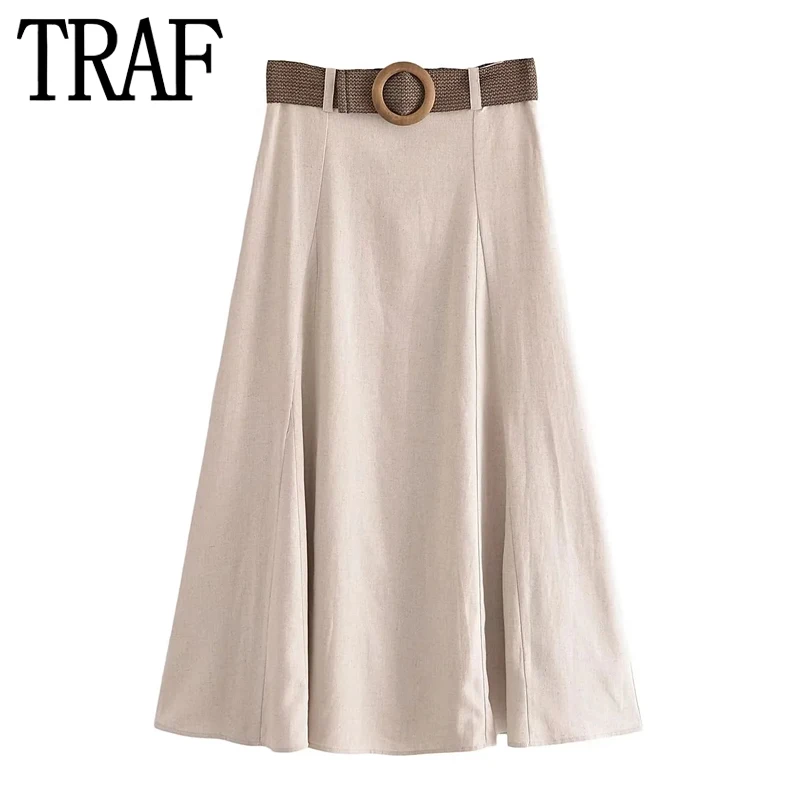 

TRAF Belt Midi Skirt Woman Summer Elegant Long Skirts For Women Fashion 2023 High Waist A Line Skirt Beach Women's Skirts