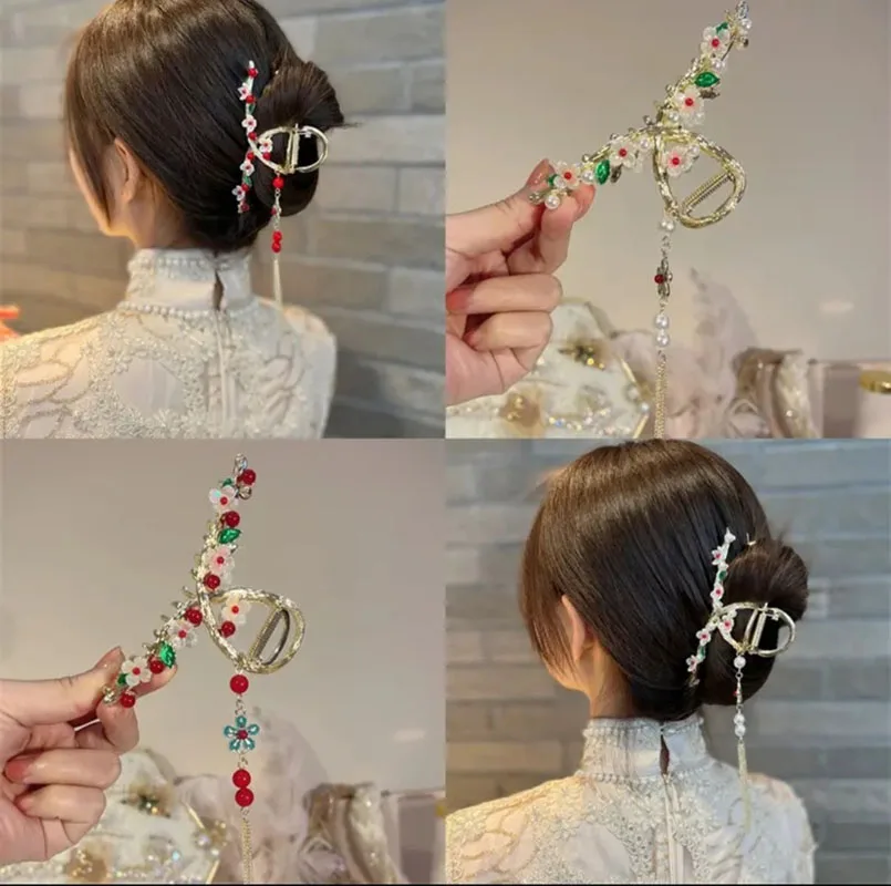 

New pearl Tassel Hair Claw China Style Retro Flower Hair Clip Barrette Alloy Hairpin Ponytail Clip Crab Hanfu ACCESSORI FOR GIRL