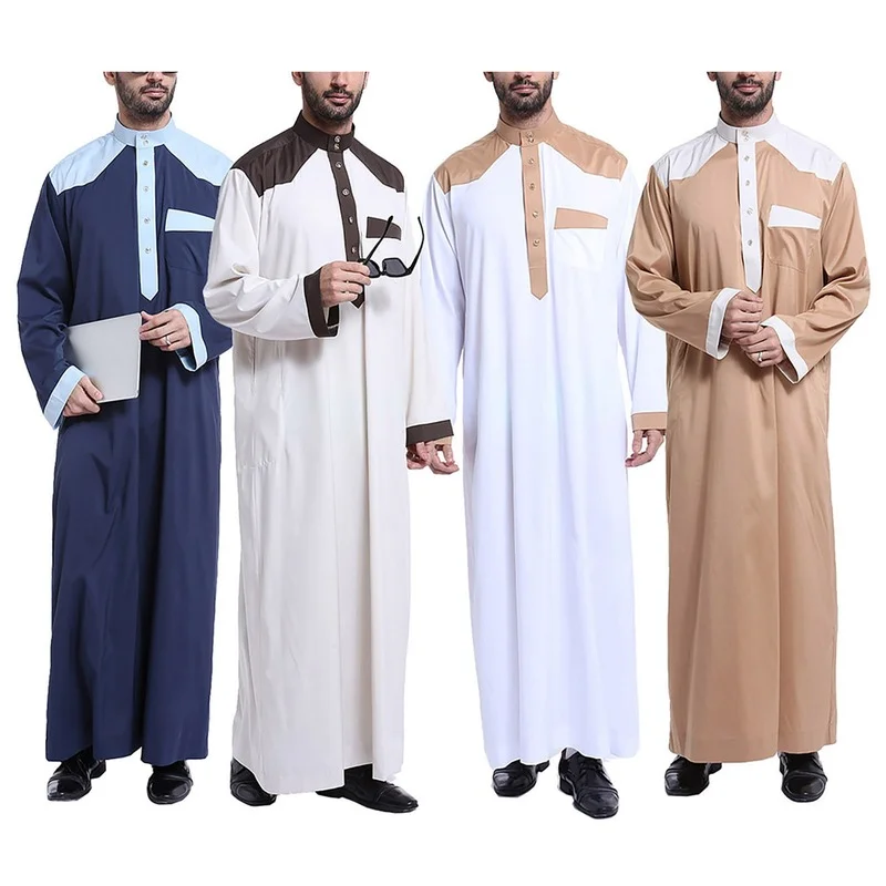 Mens Muslim Clothes Jubba Thobe Long Sleeve Stand Neck Casual Saudi Arabia Men Robes Abaya Dubai Thobe Arabic Islamic Kaftan