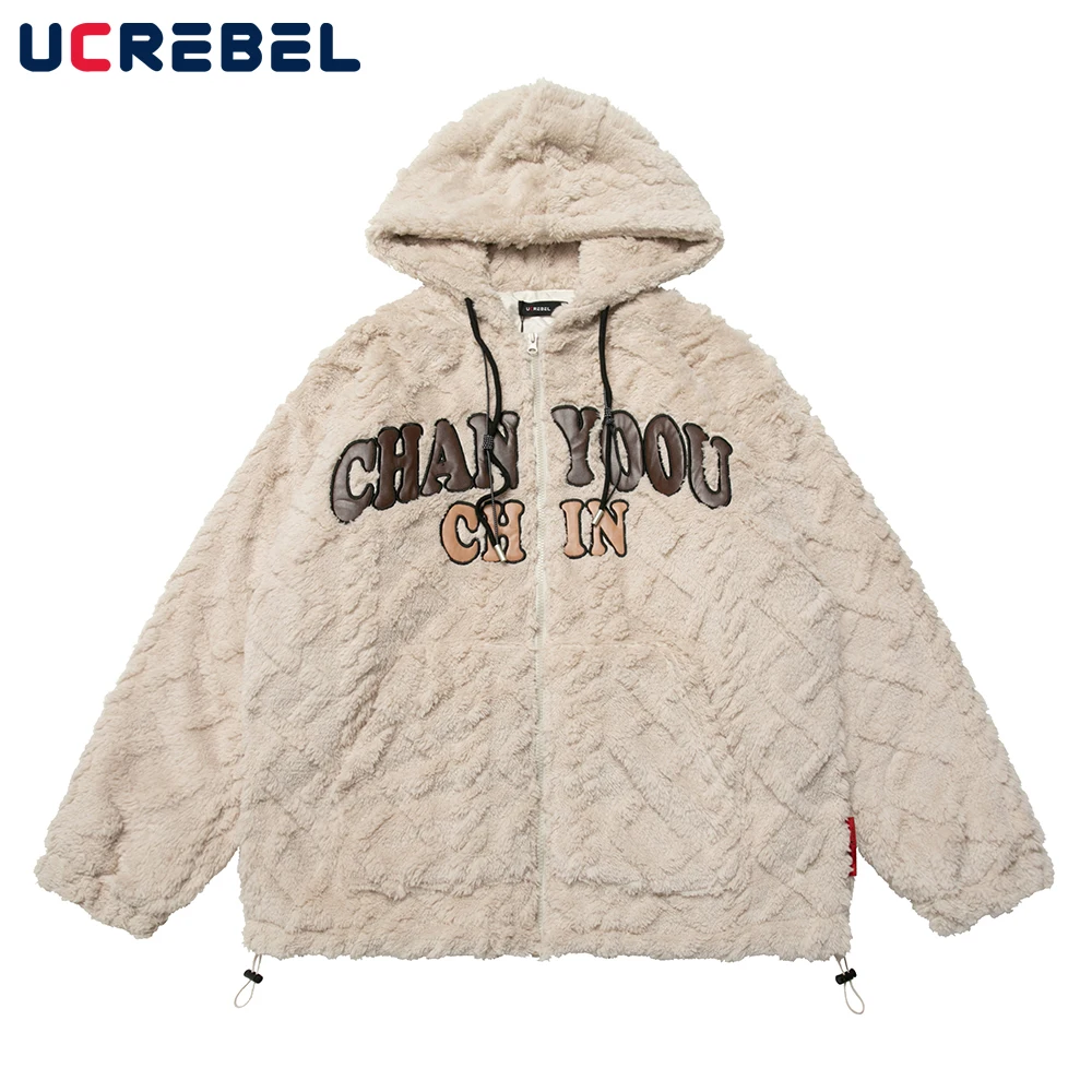 

Letter Embroidery Sherpa Jacket Mens Hem Drawstring Streetwear Hooded Outerwear Winter Loose Casual Quilted Jacket Men