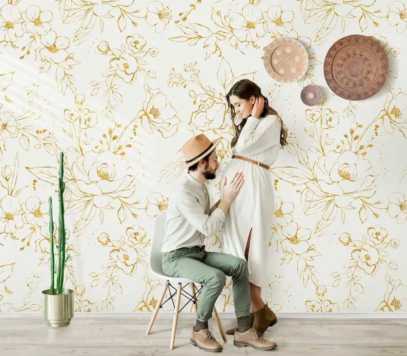 

Gold Look Floral Wallpaper Lux Peony Flower Shiny Florals Wall Mural Gold Faux Leaf Wallpaper Luxury Drawing Floral Wall Mural