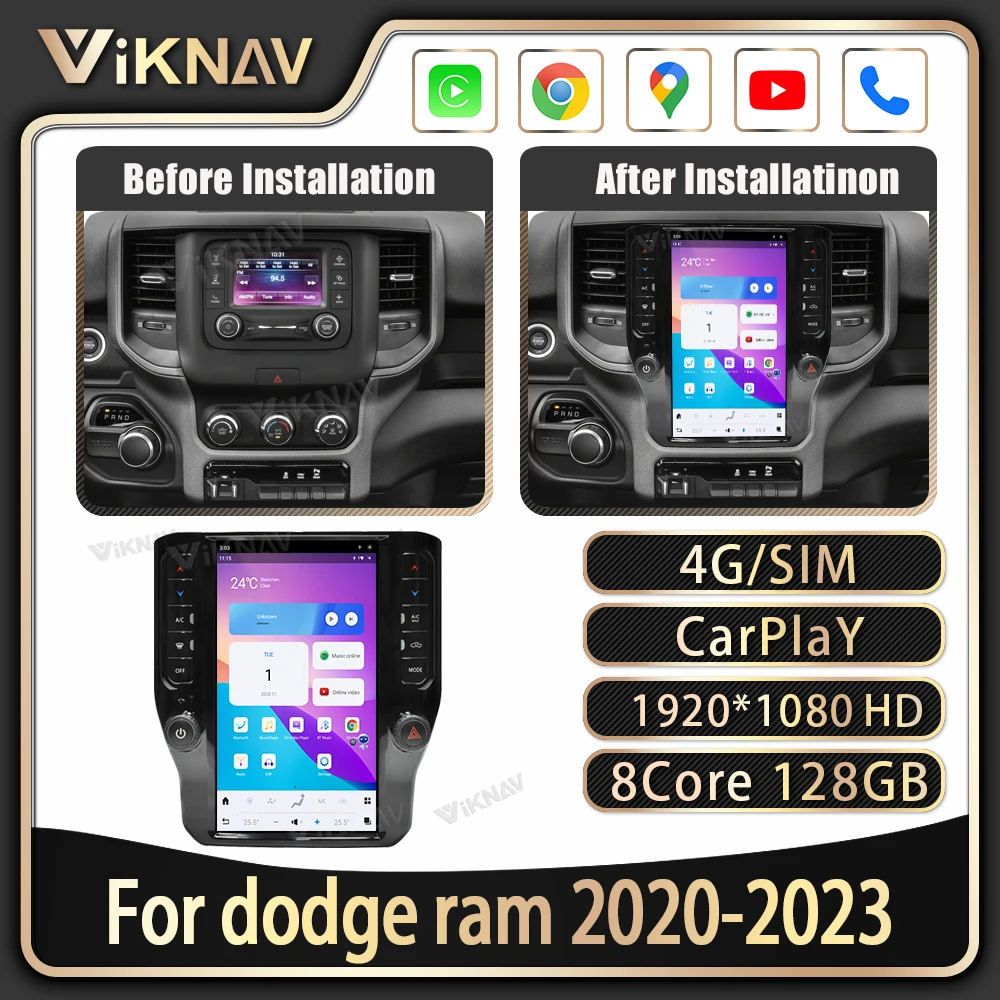 

8-ядерный GPS-навигатор для dodge ram 2020-2022, сенсорный экран, беспроводная Автомагнитола для Carplay, мультимедийный стерео видеоплеер, головное устройство