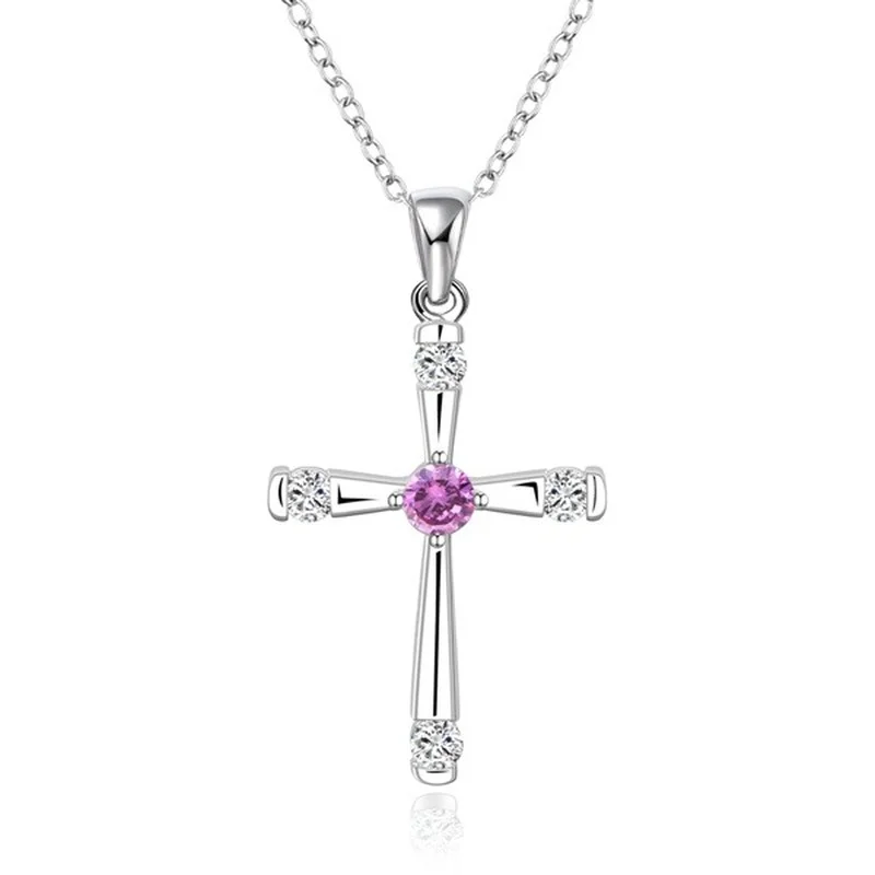 

Hot Christmas gift fashion women Silver plated jewelry Exquisite purple crystal zircon cross pendant necklace