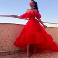 xijun gorgeous red ruffles organza prom dresses off the shoulder pleat ruched a line formal party dress evening gown with belt