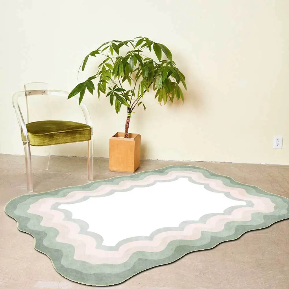 

Living Room Coffee Table Bedroom Carpet Modern Minimalist Gradient Wave Frame Special-Shaped Powder Green Irregular Floor Mat