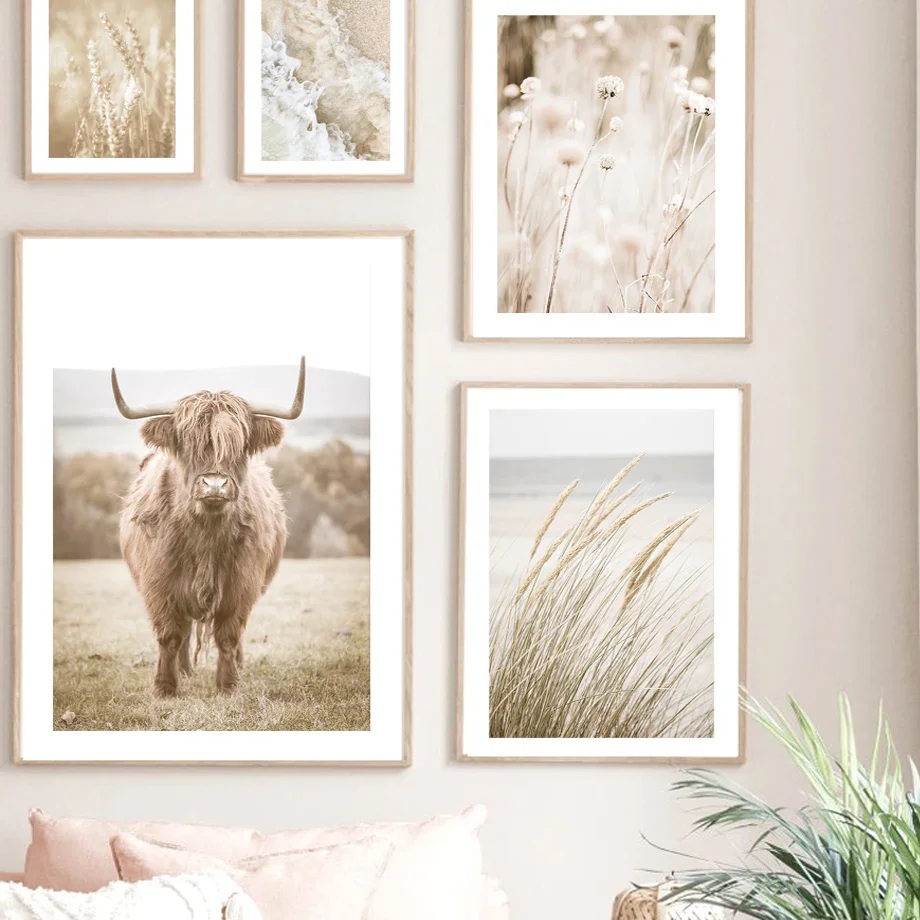 Фон для фотографий Корова Пшеница скандинавский постер на холсте с волнами