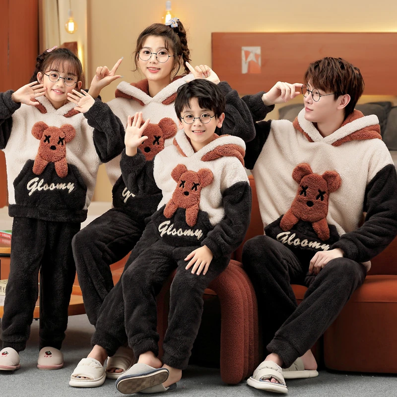 

QUHENG Cartoon Men Women Parent-Child Pajama Set Thickened Long Sleeved Coral Fleece Winter Kids Couple Pyjamas Sleepwear Suit