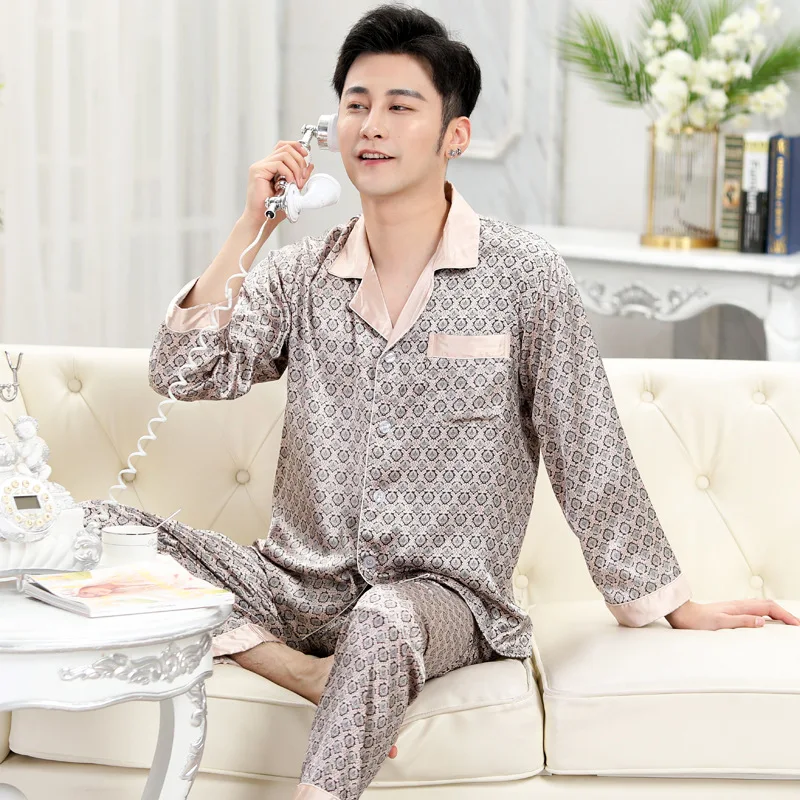Super Successful Men's Pajamas Sets Silk Long-sleeved Sleepwear Ice Silk Plus Size Home Clothing Pyjamas Suit Home Wear