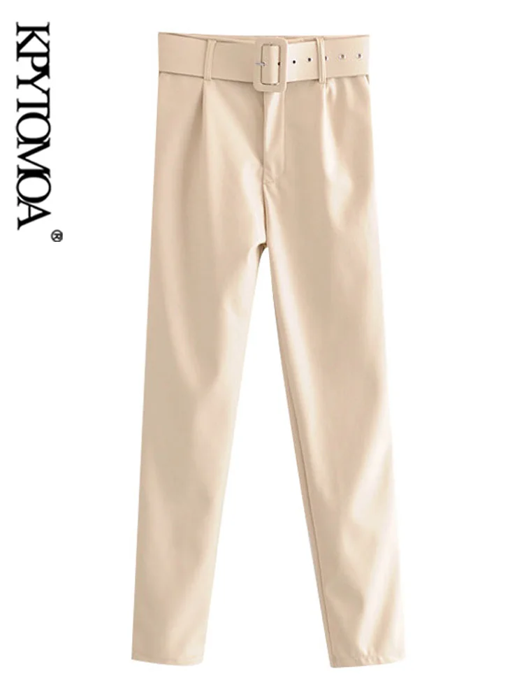 

KPYTOMOA Women Chic Fashion With Belt PU Faux Leather Pants Vintage High Waist Zipper Fly Female Ankle Trousers Mujer