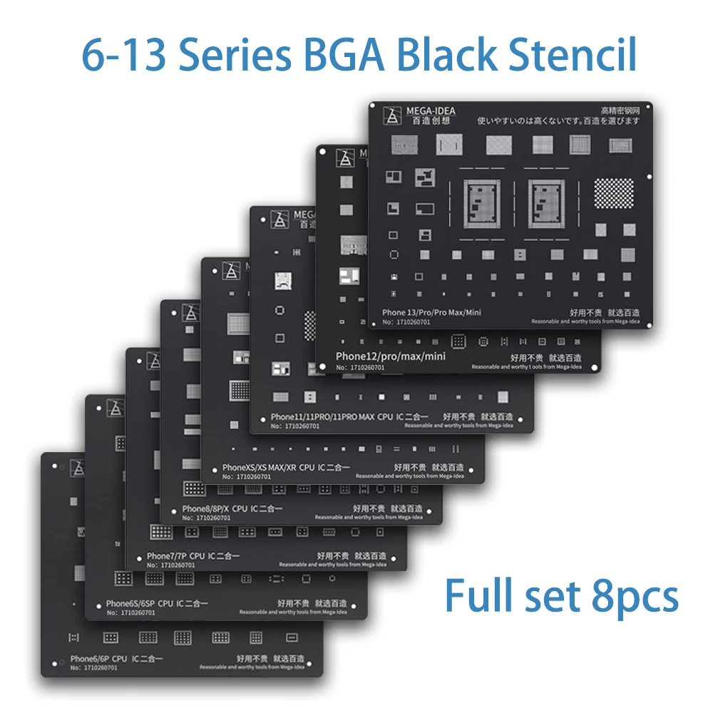 

QianLi Black Steel BGA Reballing Stencil Kit for iPhone 6/6S/7/7P/8/8P/X/XS/11/12/13 Pro Max mini CPU IC Chip Tin Planting Net
