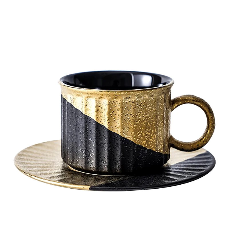 Juego de tazas de café de oro negro con platillo, Taza de cerámica nórdica de lujo, tazas de café de porcelana creativas, regalos Ideas