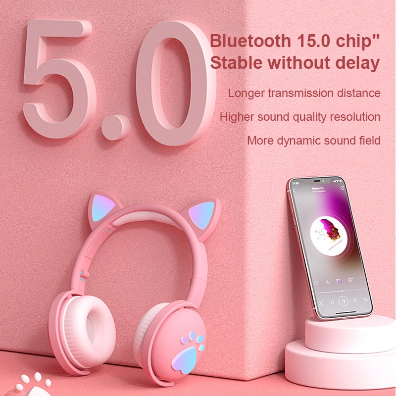 Enlarge 7.1 Stereo Cute Cat Bluetooth Wireless Headphone With Microphone Flashing light Noise Cancel Earphone Music Helmet Girl Kid Gift