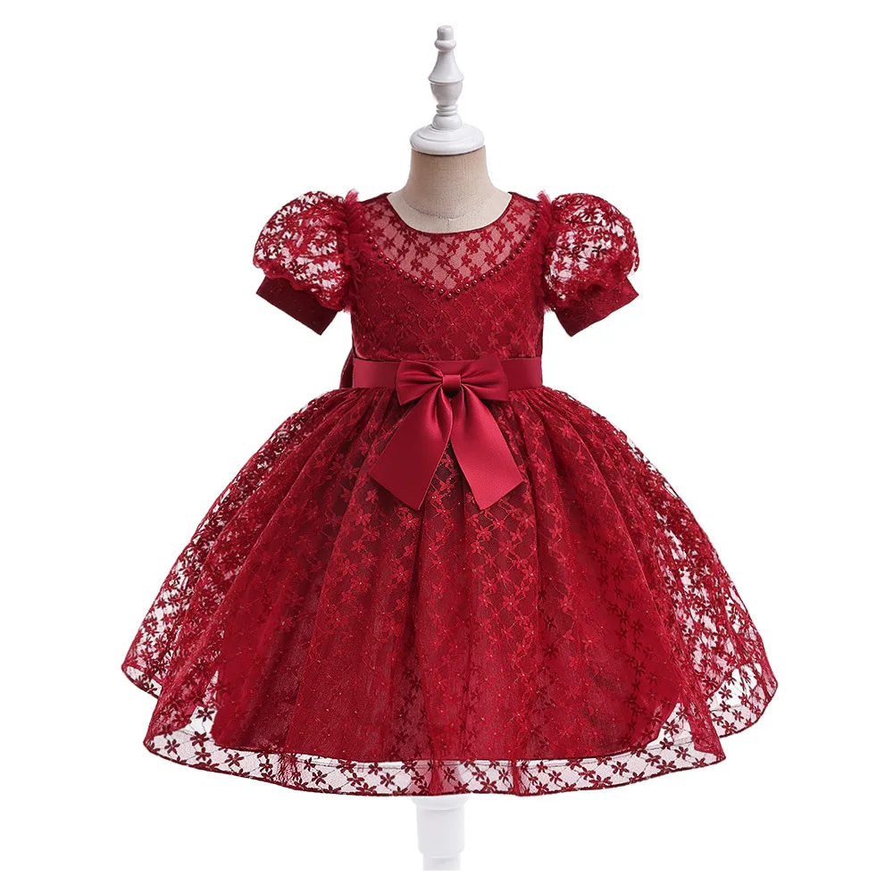 

Children Puff Sleeve Beading Bow Birthday Lace Dresses Girl Party Princess Piano Show Ball Gown 110cm-150cm Clothes Dresses