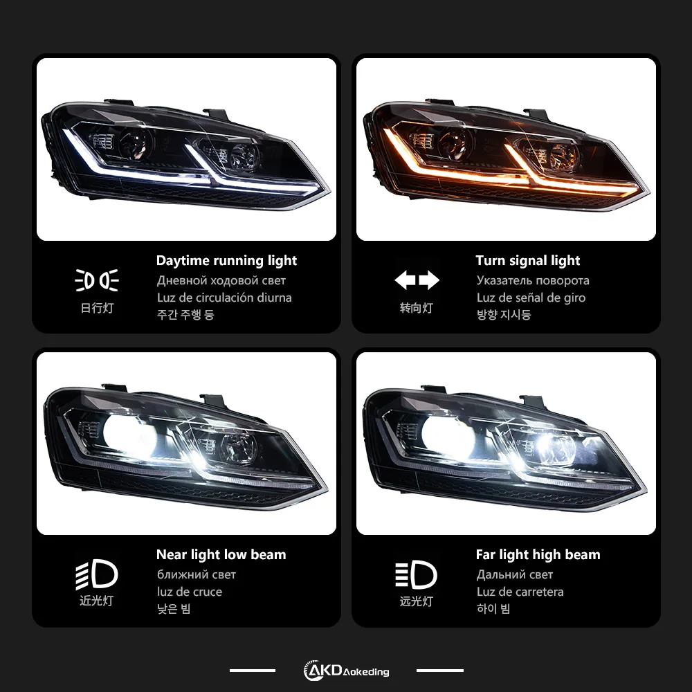 Фото Фара AKD для VW Polo, светодиодная фара 2011-2018, фары POLO с ДХО, указателями поворота, дальним светом, линзой-проектором Angel Eye №5