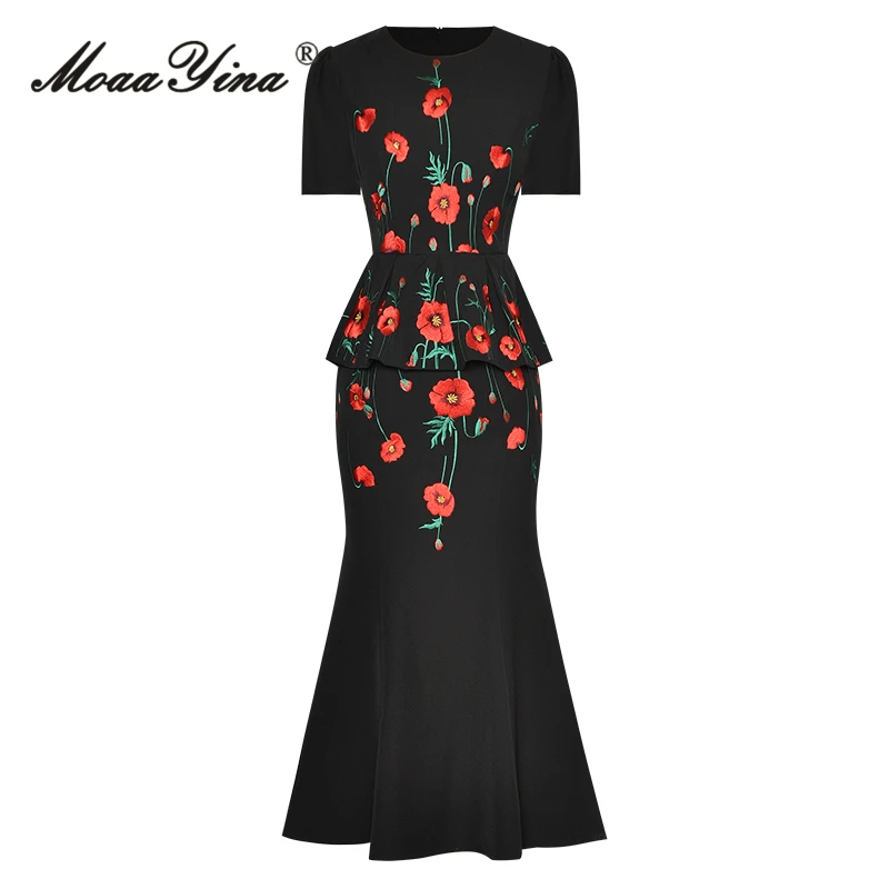 Женское длинное платье с юбкой годе летнее модное Дизайнерское черное круглым