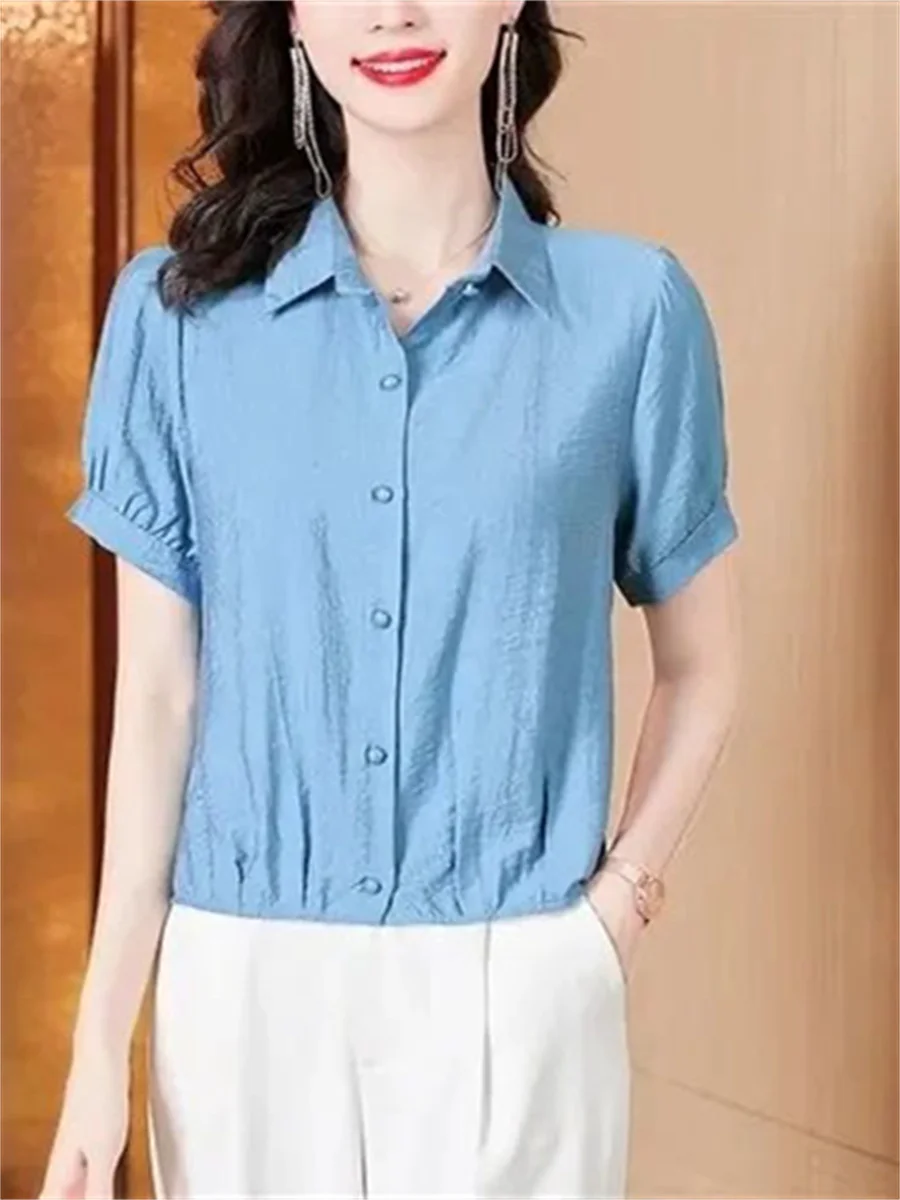 

Woman Summer Style Blouses Shirts Lady Casual Short Lantern Sleeve Turn-down Collar Solid Color Blusas Tops ZZ1494