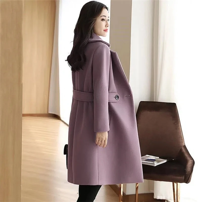 Women's Woolen Windbreaker Jacket 2023 New Autumn Winter Korean Temperament Slim Long Coat Female Thicken Solid Casual Wool Coat