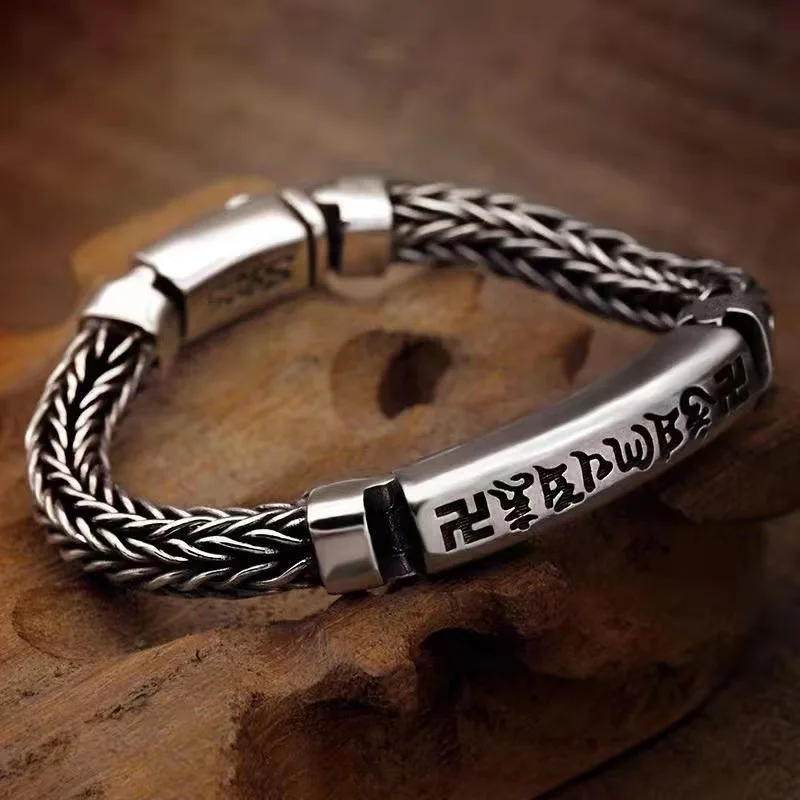 

Vintage Unisex Silver Tone Six Word Words Hand Woven Bracelet Opening Adjustable Bracelet Banquet Jewelry Accessories