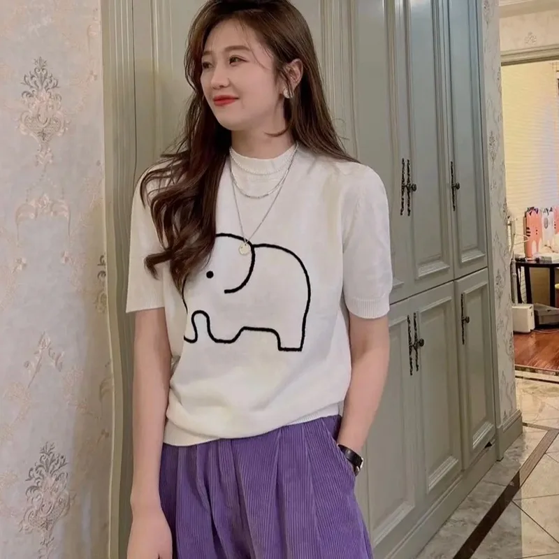 

WDMSNA 2022 Summer Korean Woman Tshirts Print Cartoon Solid Color Loose Graphic T Shirts Round Neck Short Sleeve T-shirt Top