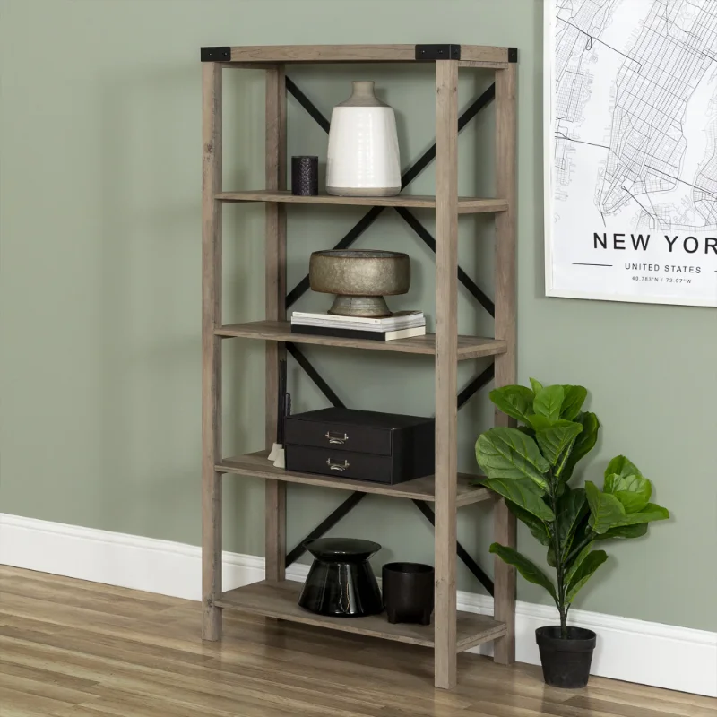 

Desert Fields Rustic Industrial 4-Shelf Bookshelf, Gray Wash