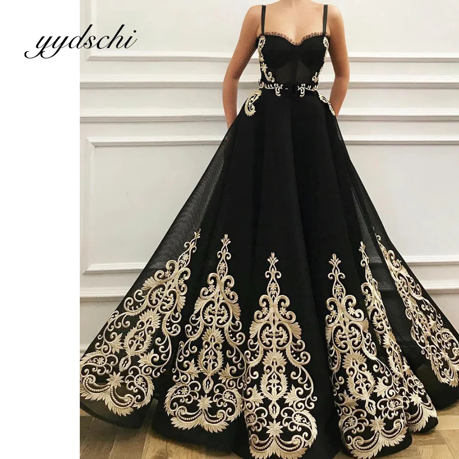 

Gold Applique Party Prom Dress Sexy Spaghetti Strap Floor Length Illusion Ball Gown Elegant Evening Formal Dresses for Women
