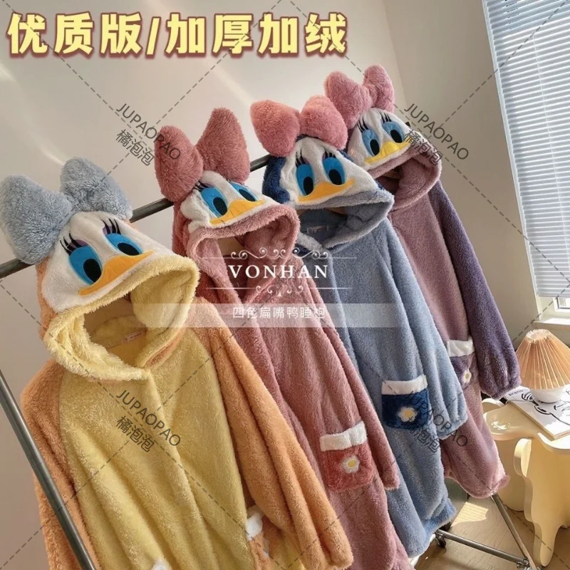 

Winter Women Hooded Nightgown Cute Duck Modeling Thick Coral Fleece Sleepwear Robe Loose Flannel Gown Long Nightdress Home Wear