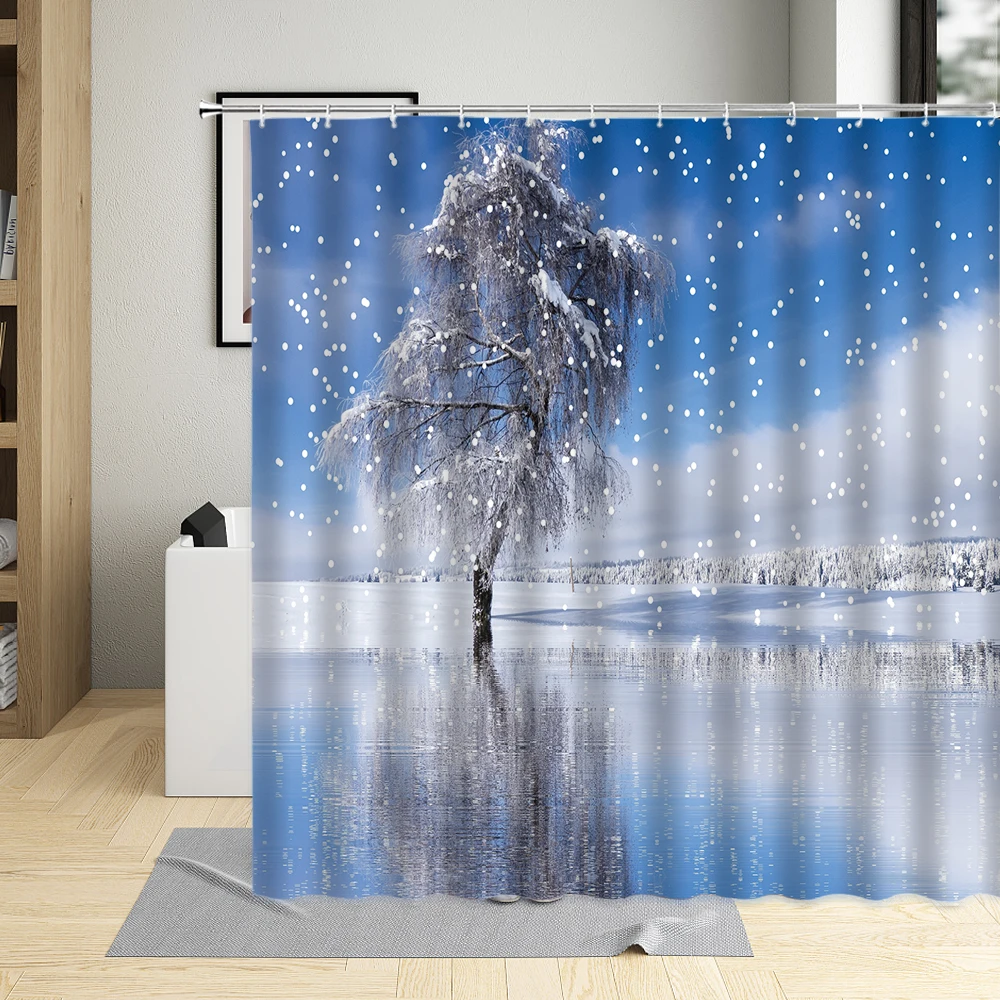 

Snow Scene Shower Curtains Winter Forest Mountain Bathroom Curtains Snowflake Tree Branch Bathtub Home Decor Screens with Hooks