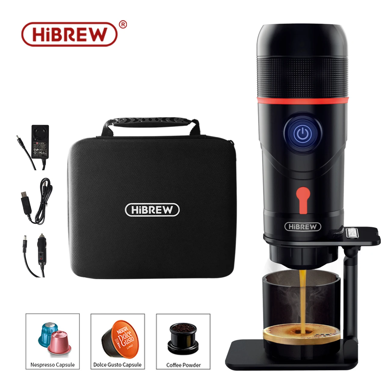 

HiBREW Portable Coffee Machine for Car ,DC12V Expresso Coffee Maker Fit Nexpresso Dolce Pod Capsule Coffee Powder H4