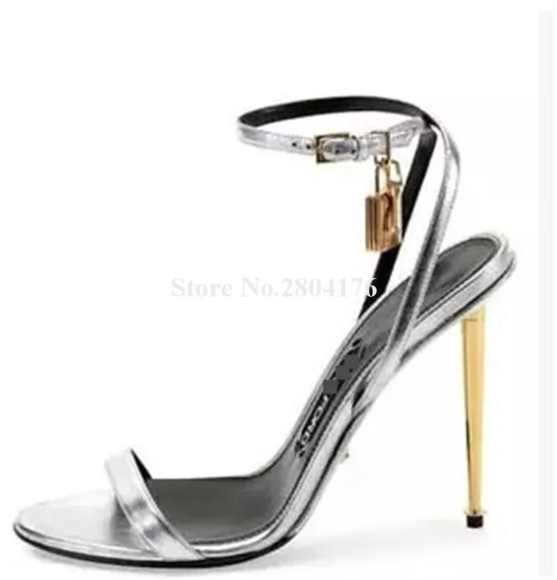 Gold Metal Lock Sandals Fashion Women Open Toe Stiletto Heel Gladiator Sexy Party Dress Shoes